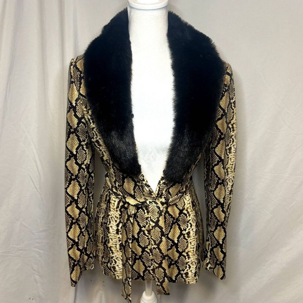 Cache Designer Snake Print Black Fur Vinyl Jacket Coat Womens Authentic